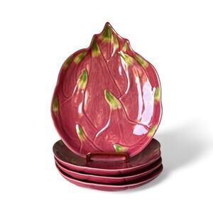 BORDALLO PINHEIRO Set of 4 Pink Leaves Pitaya Hand-Painted Dessert Plates